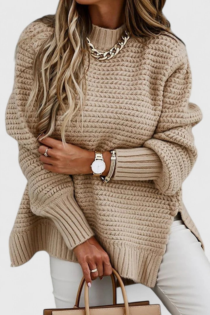 Comfortable Chunky Knit Sweater for Women with High Neck Long Sleeve Oversized Ribbed Cuff Style