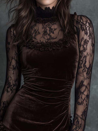 Elegant Chocolate Velvet Mini Dress for Women with High Neck Lace Long Sleeve Ruched Bodycon Style