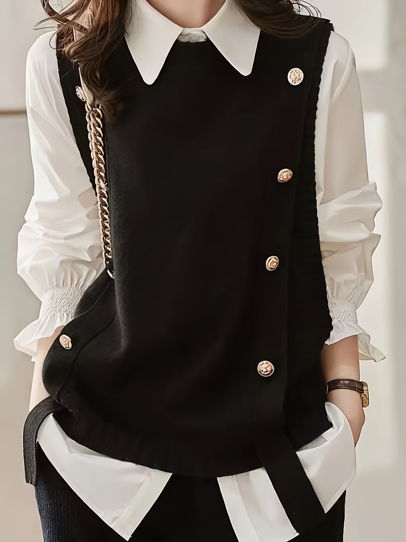 Comfortable Knit Sweater Vest for Women with Round Neck Sleeveless Button Front Ribbed Trim Style