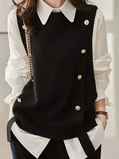 Comfortable Knit Sweater Vest for Women with Round Neck Sleeveless Button Front Ribbed Trim Style
