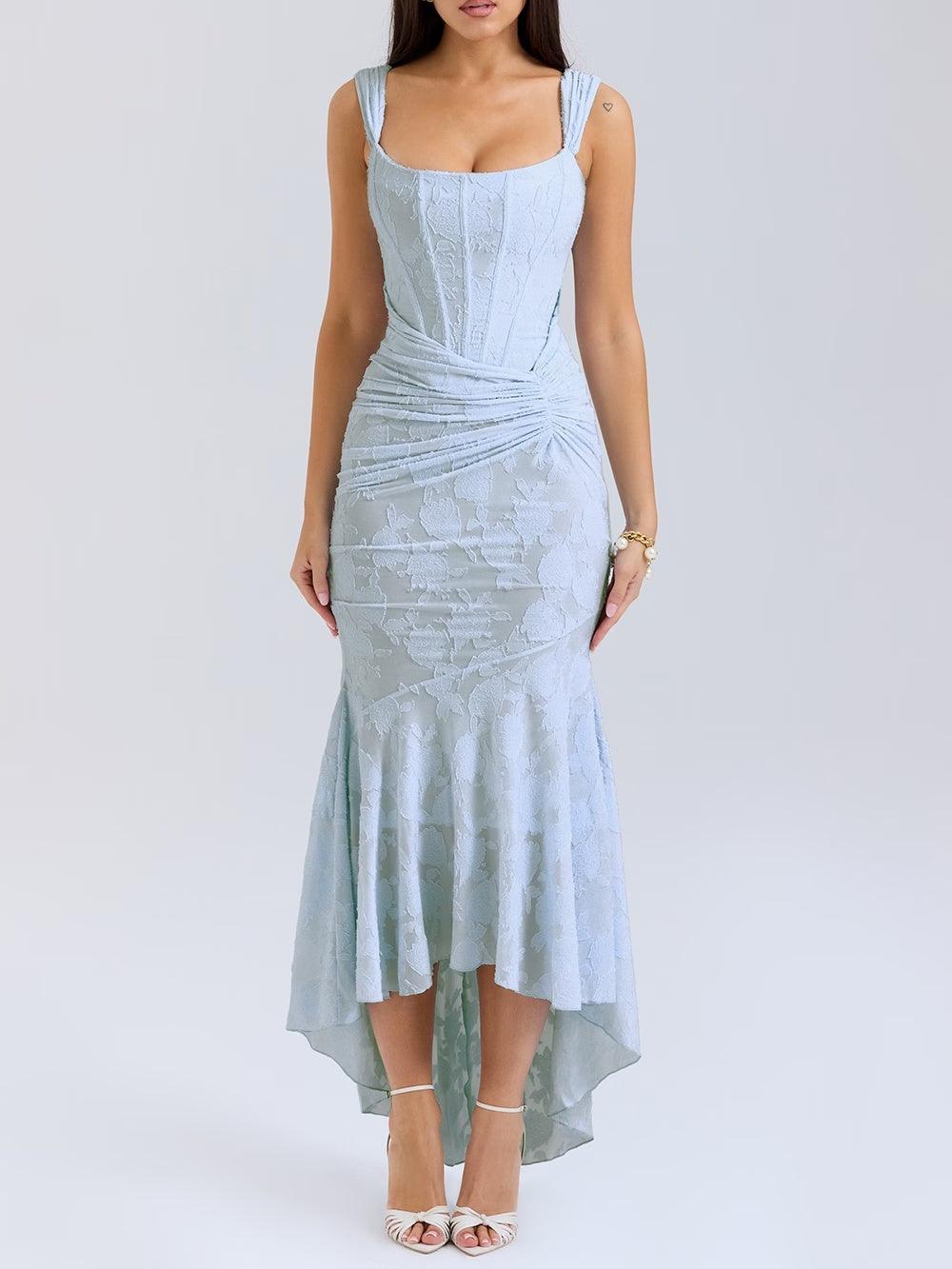 Elegant Lace Corset Mermaid Maxi Dress for Women with Square Neck Sleeveless Ruched High Low Formal Style