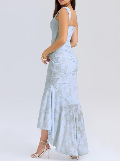 Elegant Lace Corset Mermaid Maxi Dress for Women with Square Neck Sleeveless Ruched High Low Formal Style