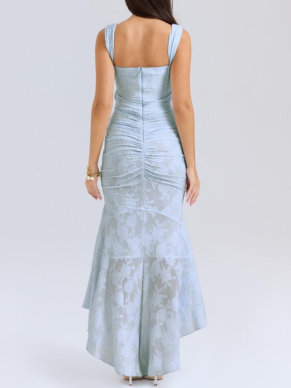 Elegant Lace Corset Mermaid Maxi Dress for Women with Square Neck Sleeveless Ruched High Low Formal Style
