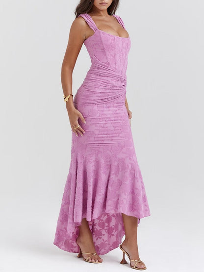 Elegant Lace Corset Mermaid Maxi Dress for Women with Square Neck Sleeveless Ruched High Low Formal Style