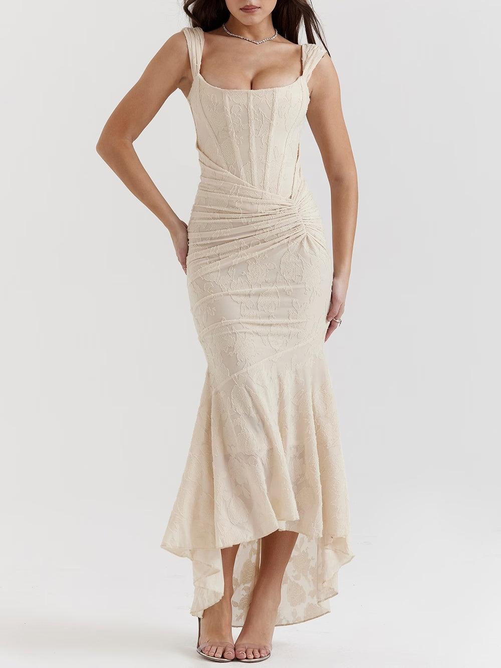 Elegant Lace Corset Mermaid Maxi Dress for Women with Square Neck Sleeveless Ruched High Low Formal Style