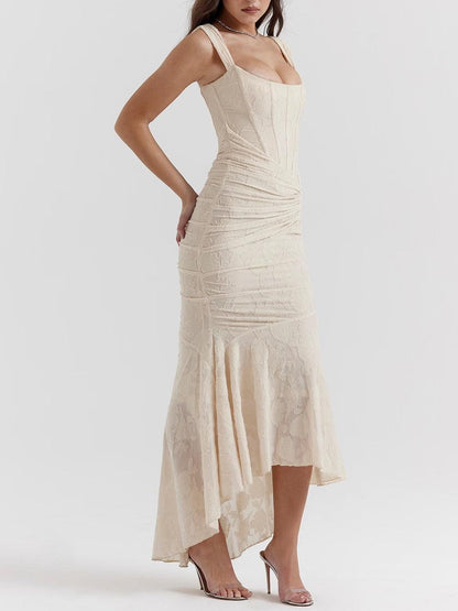 Elegant Lace Corset Mermaid Maxi Dress for Women with Square Neck Sleeveless Ruched High Low Formal Style