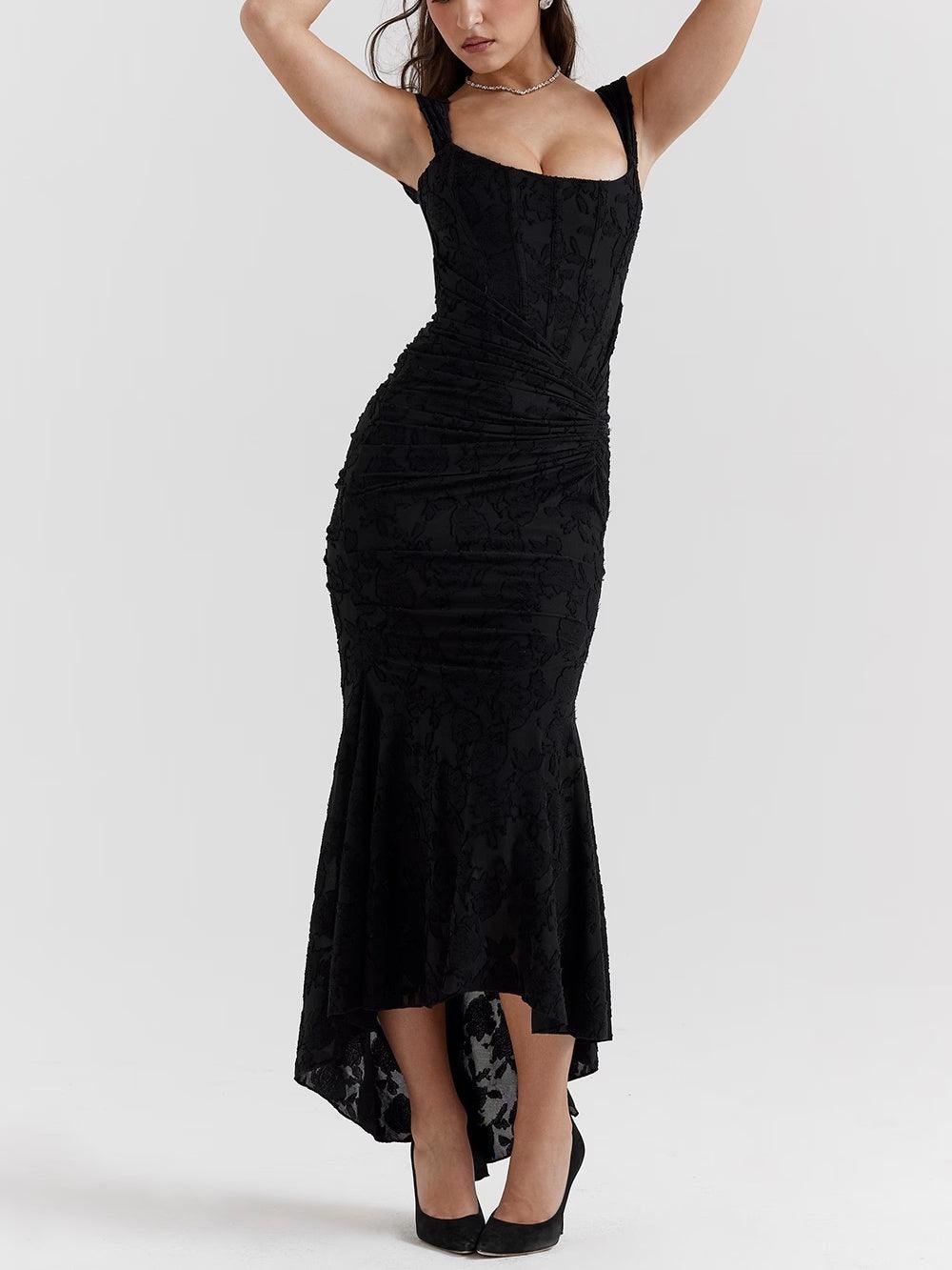 Elegant Lace Corset Mermaid Maxi Dress for Women with Square Neck Sleeveless Ruched High Low Formal Style