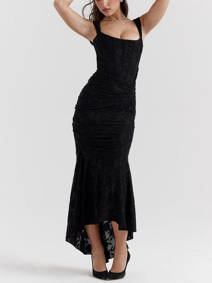 Elegant Lace Corset Mermaid Maxi Dress for Women with Square Neck Sleeveless Ruched High Low Formal Style