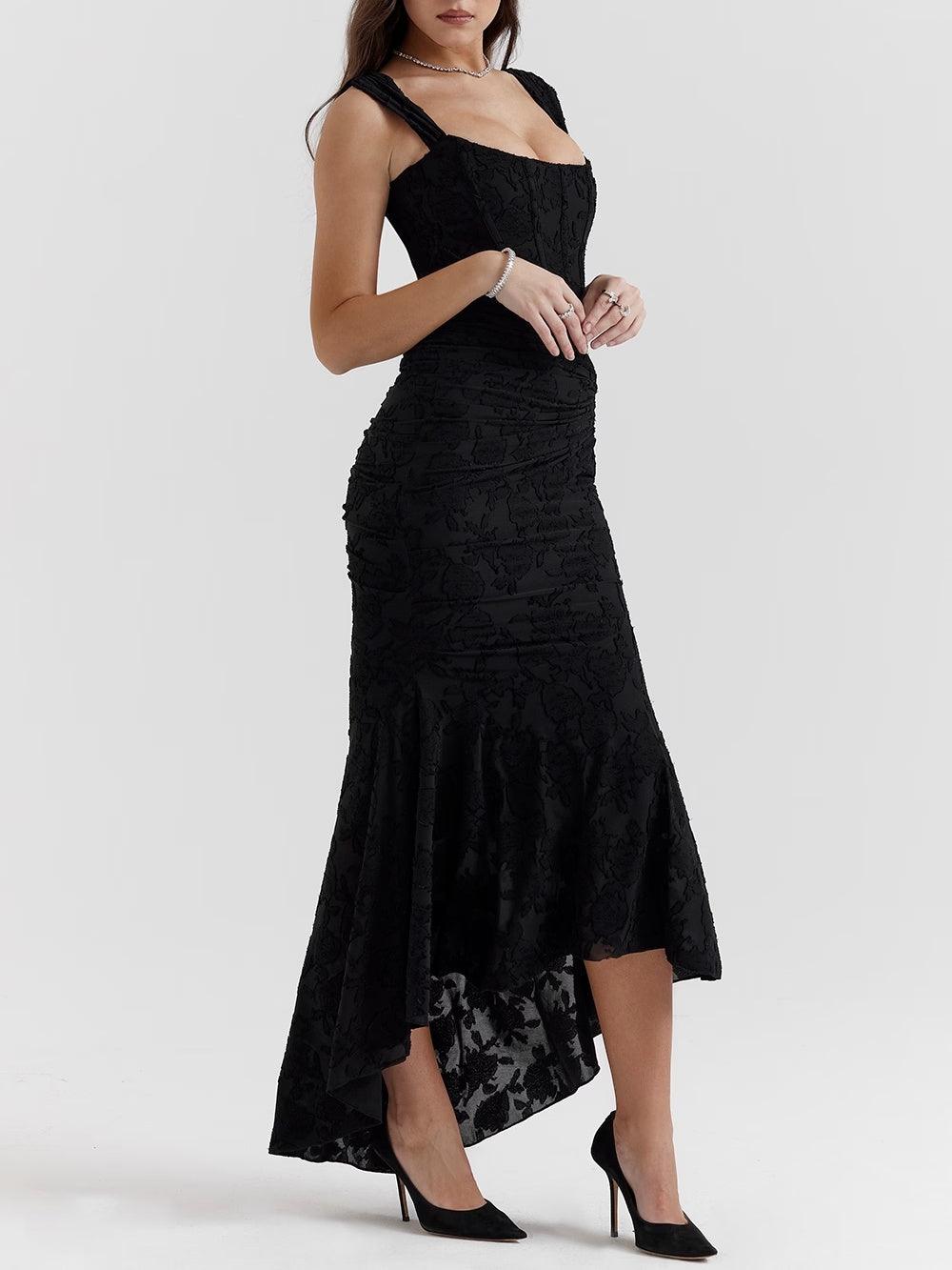 Elegant Lace Corset Mermaid Maxi Dress for Women with Square Neck Sleeveless Ruched High Low Formal Style
