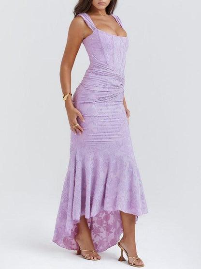 Elegant Lace Corset Mermaid Maxi Dress for Women with Square Neck Sleeveless Ruched High Low Formal Style