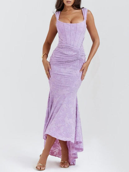 Elegant Lace Corset Mermaid Maxi Dress for Women with Square Neck Sleeveless Ruched High Low Formal Style