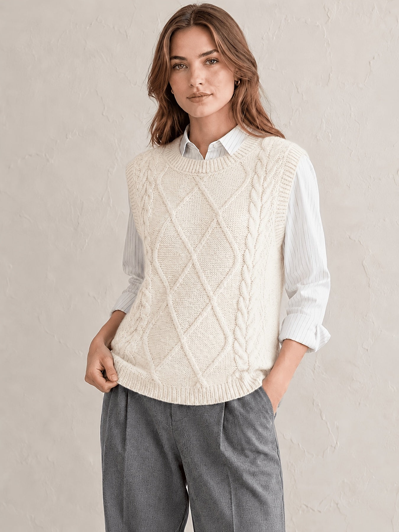 Comfortable Cable Sweater Vest for Women with Crew Neck Sleeveless Relaxed Oversized Knit Style