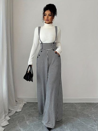 Elegant Houndstooth Wide Leg Overalls for Women with Square Neck Sleeveless High Waist Button Front Relaxed Style