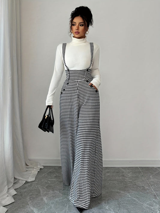 Elegant Houndstooth Wide Leg Overalls for Women with Square Neck Sleeveless High Waist Button Front Relaxed Style