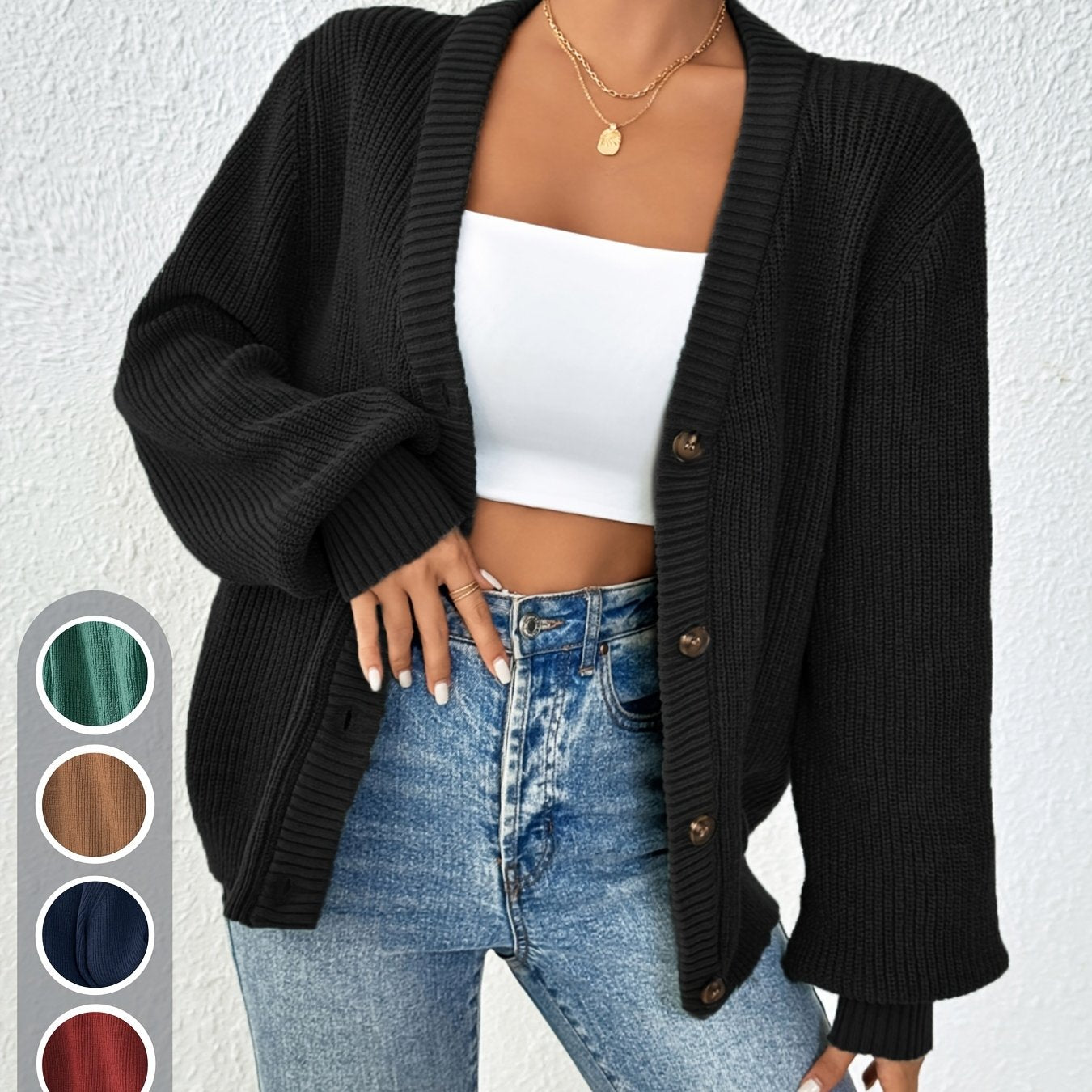 Comfortable Ribbed Knit Cardigan for Women with V Neck Balloon Sleeve Button Front Oversized Style