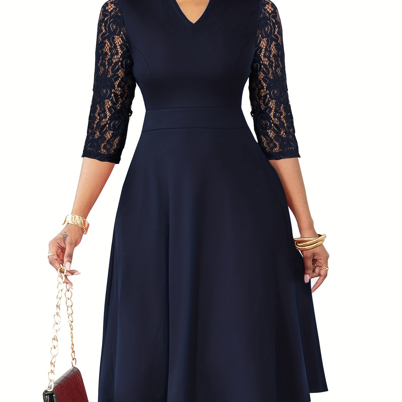 Elegant Lace Sleeve Midi Dress for Women with V Neck Fit and Flare Cocktail Style