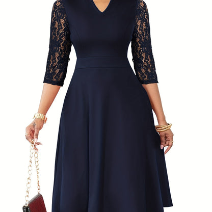 Elegant Lace Sleeve Midi Dress for Women with V Neck Fit and Flare Cocktail Style