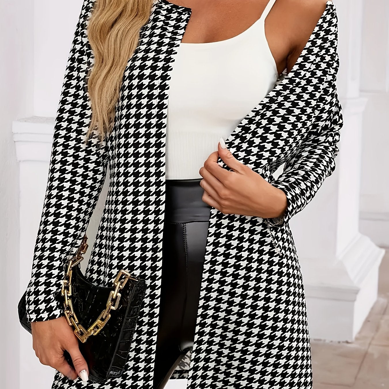 Elegant Houndstooth Print Cardigan for Women with Open Front Long Sleeve Longline Duster Style