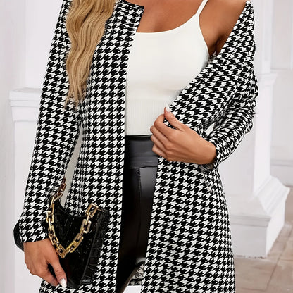 Elegant Houndstooth Print Cardigan for Women with Open Front Long Sleeve Longline Duster Style
