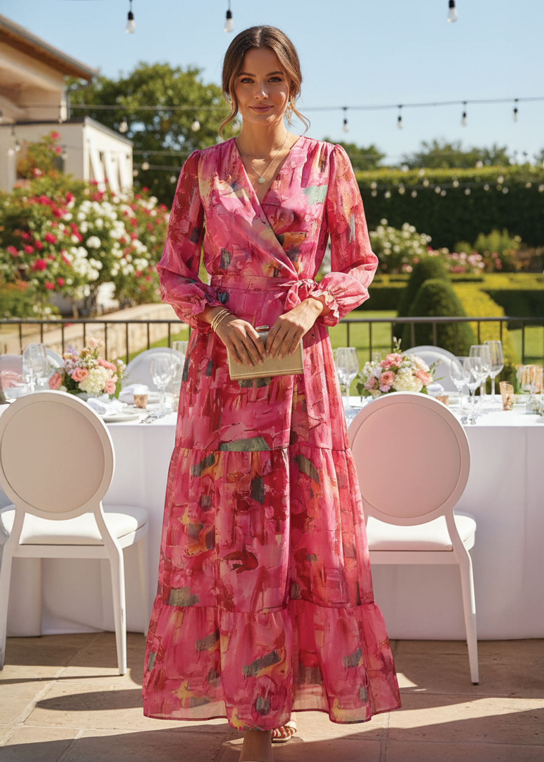 Elegant Pink Floral Maxi Dress for Women with V Neck Long Sleeve Wrap Tiered Ruffle Wedding Guest Style