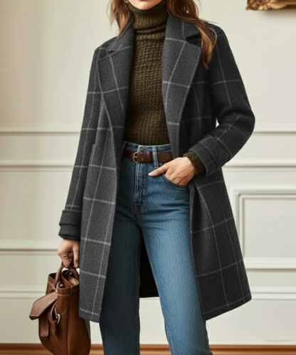Elegant Plaid Wool Coat for Women with Notched Lapel Long Sleeve Button Front Longline Style