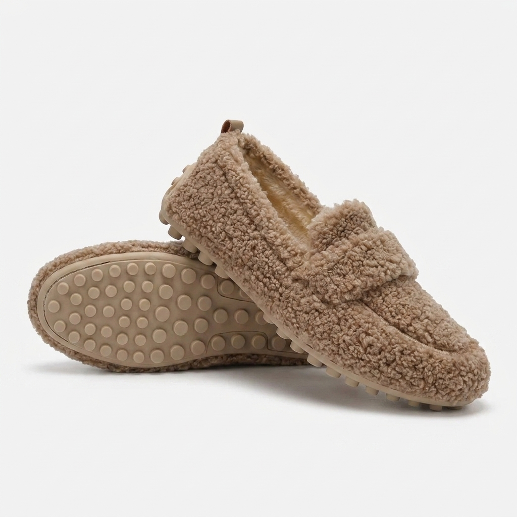 Comfortable House Shoes for Women with Curly Faux Fur Upper Moccasin Slip On Rubber Sole Style
