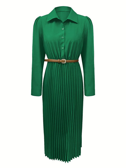 Elegant Pleated Shirt Dress for Women with Collar Long Sleeve Belted Flowing Style