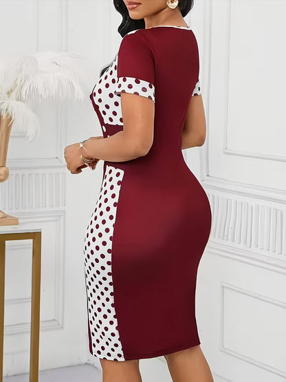 Elegant Polka Dot Bodycon Midi Dress for Women with Round Neck Short Sleeve Button Detail Cocktail Style