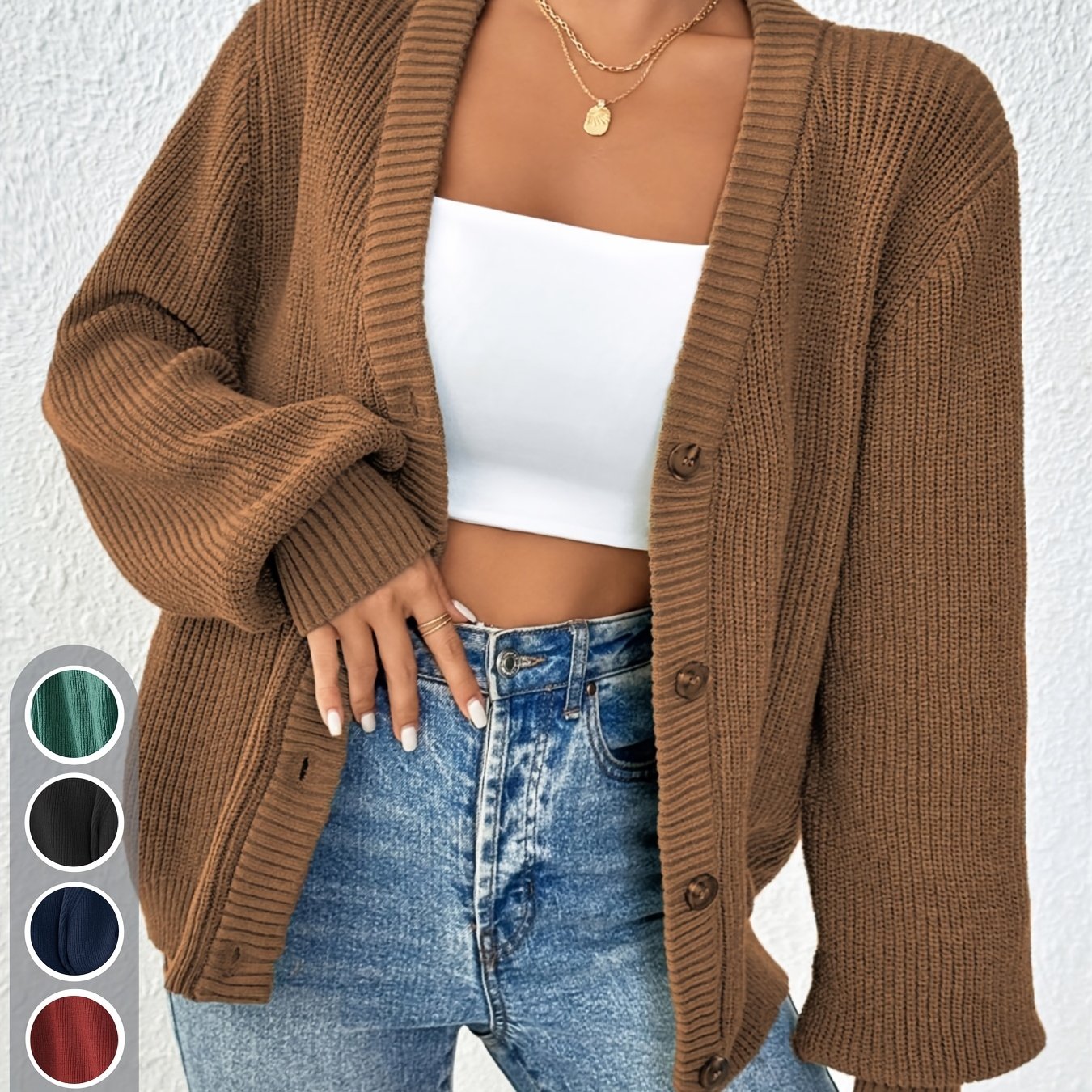 Comfortable Ribbed Knit Cardigan for Women with V Neck Balloon Sleeve Button Front Oversized Style
