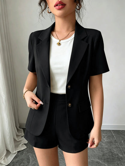 Elegant Tailored Short Suit for Women with Notched Lapel Half Sleeve Button Front Blazer Two Piece Style