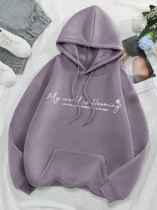 Comfortable Purple Graphic Print Hoodie for Women with Drawstring Hood Long Sleeve Kangaroo Pocket Oversized Style