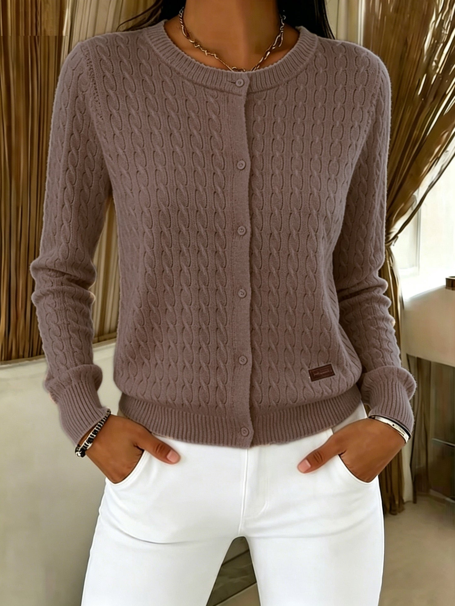 Comfortable Cable Knit Cardigan for Women with Crew Neck Long Sleeve Button Front Relaxed Style