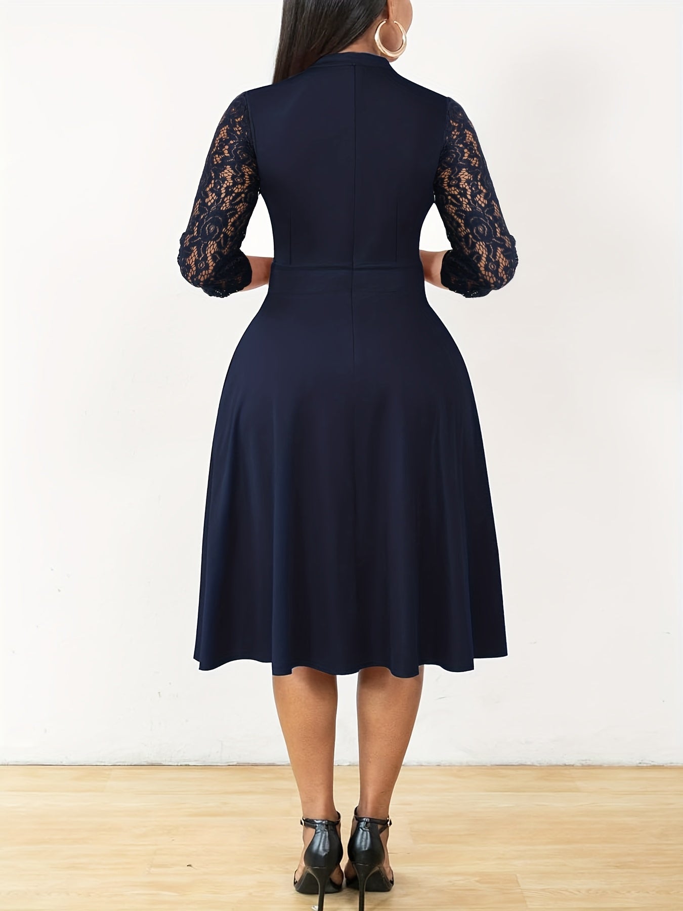 Elegant Lace Sleeve Midi Dress for Women with V Neck Fit and Flare Cocktail Style