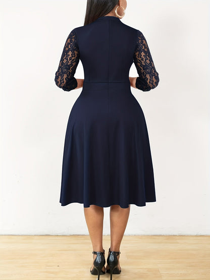 Elegant Lace Sleeve Midi Dress for Women with V Neck Fit and Flare Cocktail Style