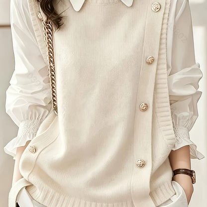 Comfortable Knit Sweater Vest for Women with Round Neck Sleeveless Button Front Ribbed Trim Style