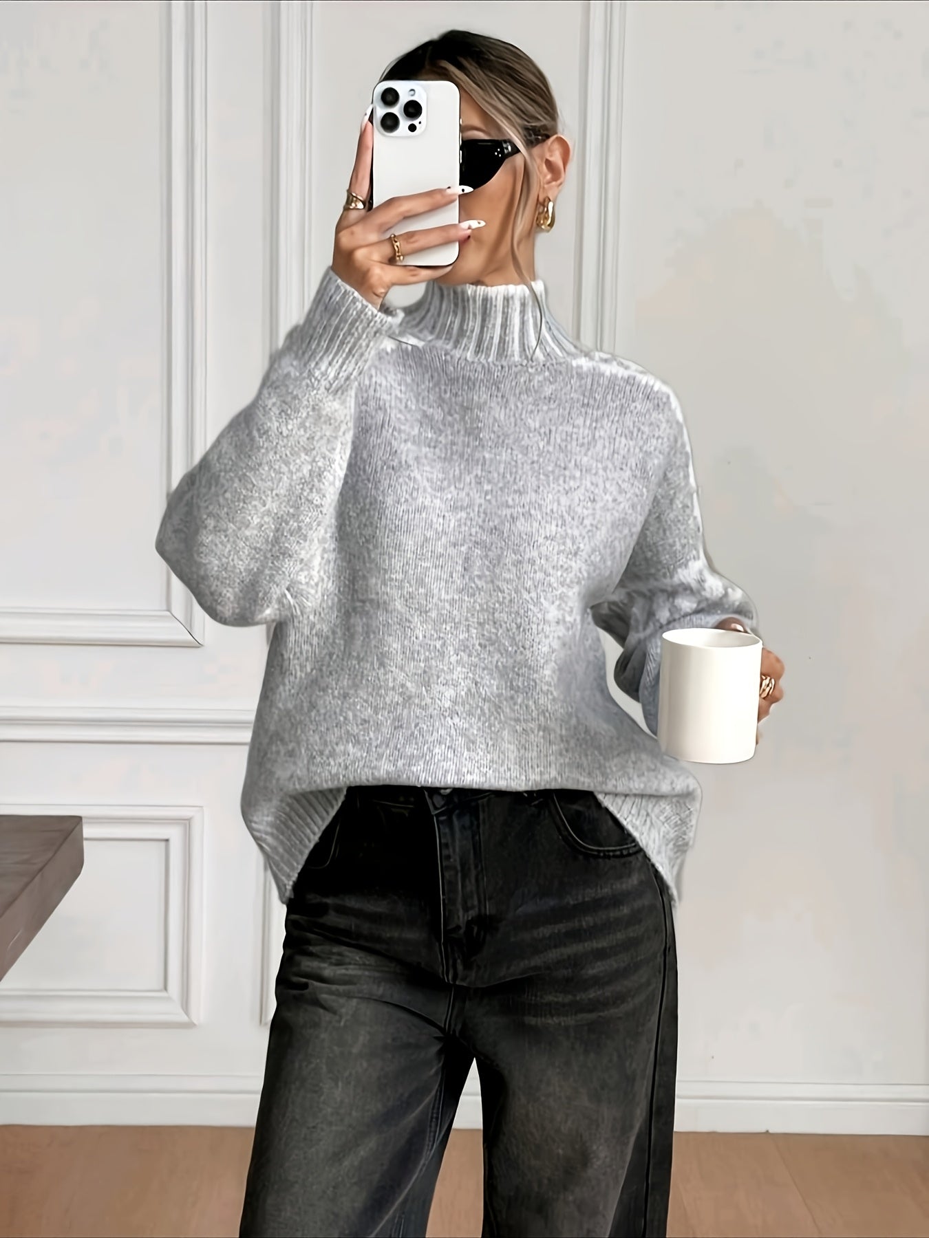 Comfortable Grey Houndstooth Sweater for Women with Mock Neck Long Sleeve Oversized Ribbed Knit Style