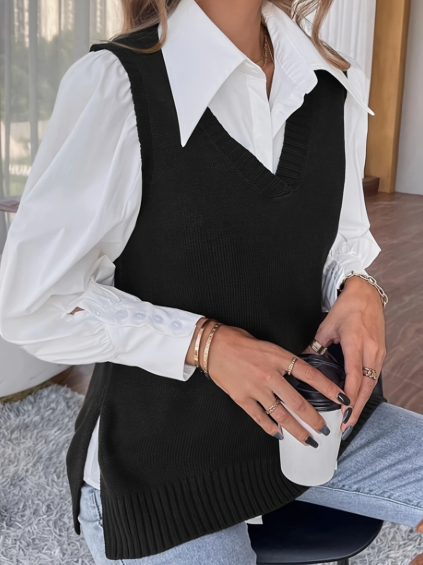 Comfortable Ribbed Knit Sweater Vest for Women with V Neck Sleeveless Relaxed Side Slit Casual Style