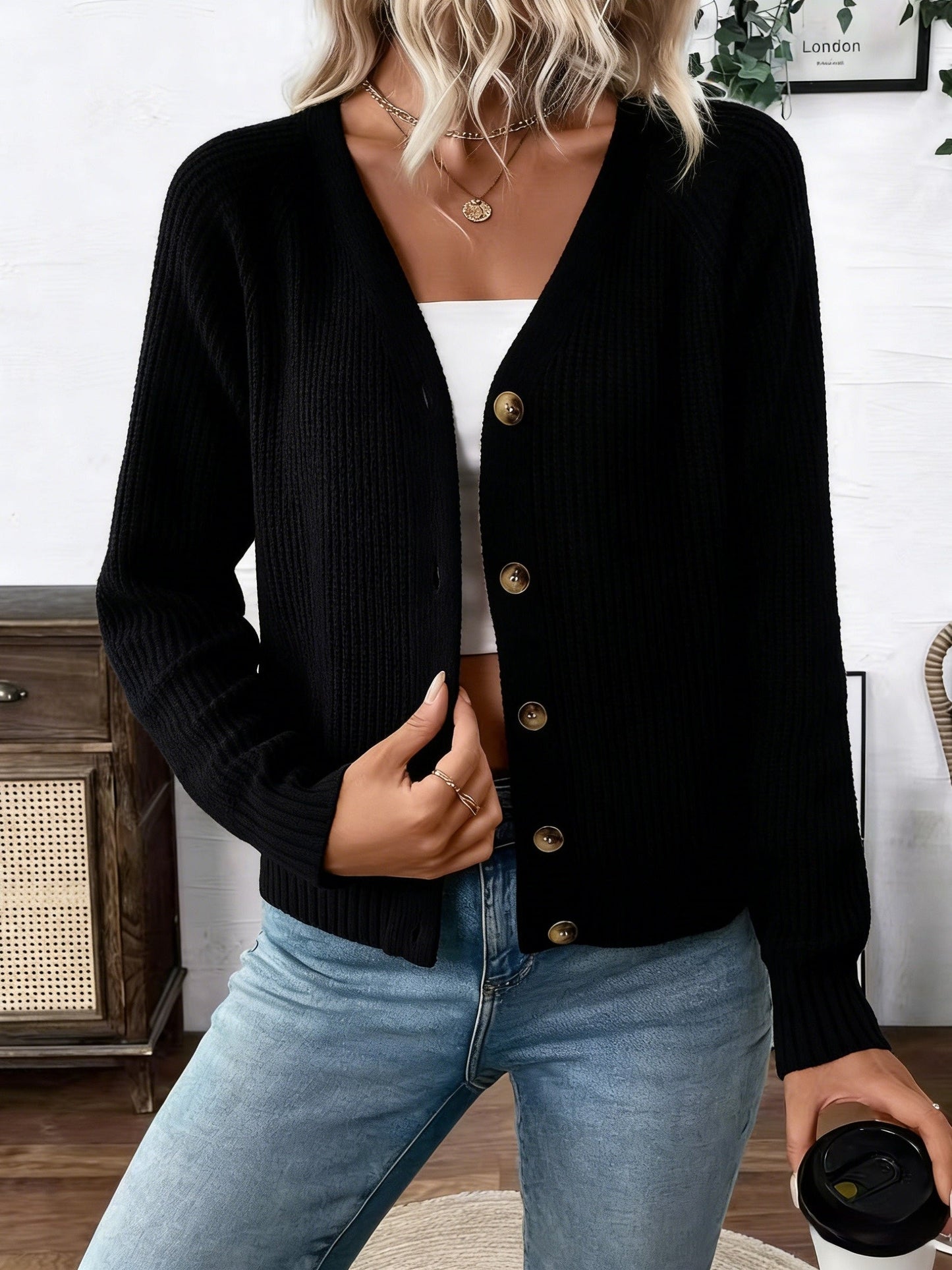 Comfortable Ribbed Knit Cardigan Sweater for Women with V Neck Long Sleeve Button Front Relaxed Style