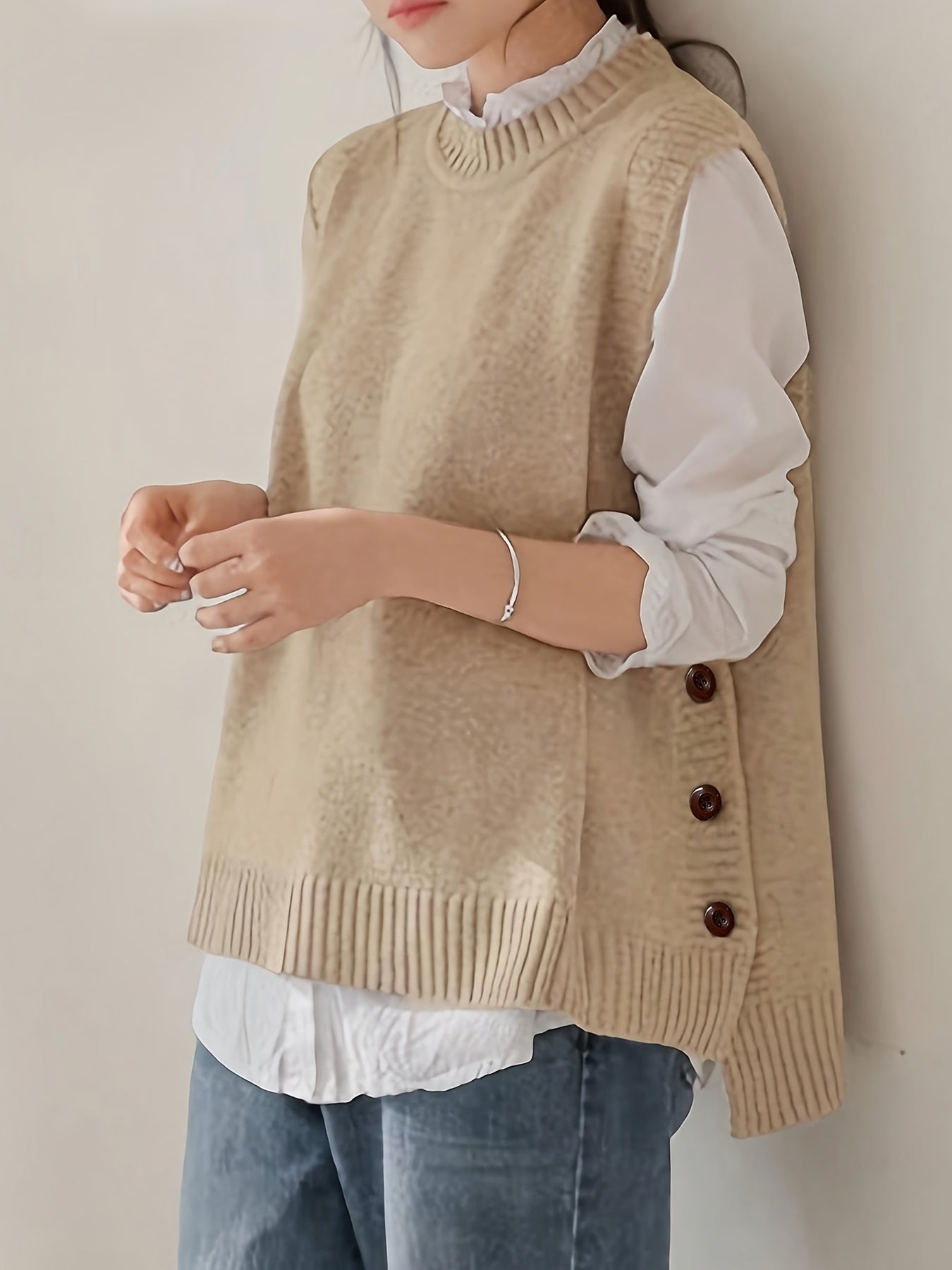 Comfortable Sweater Vest for Women with Mock Neck Sleeveless Side Button Relaxed Oversized Knit Style