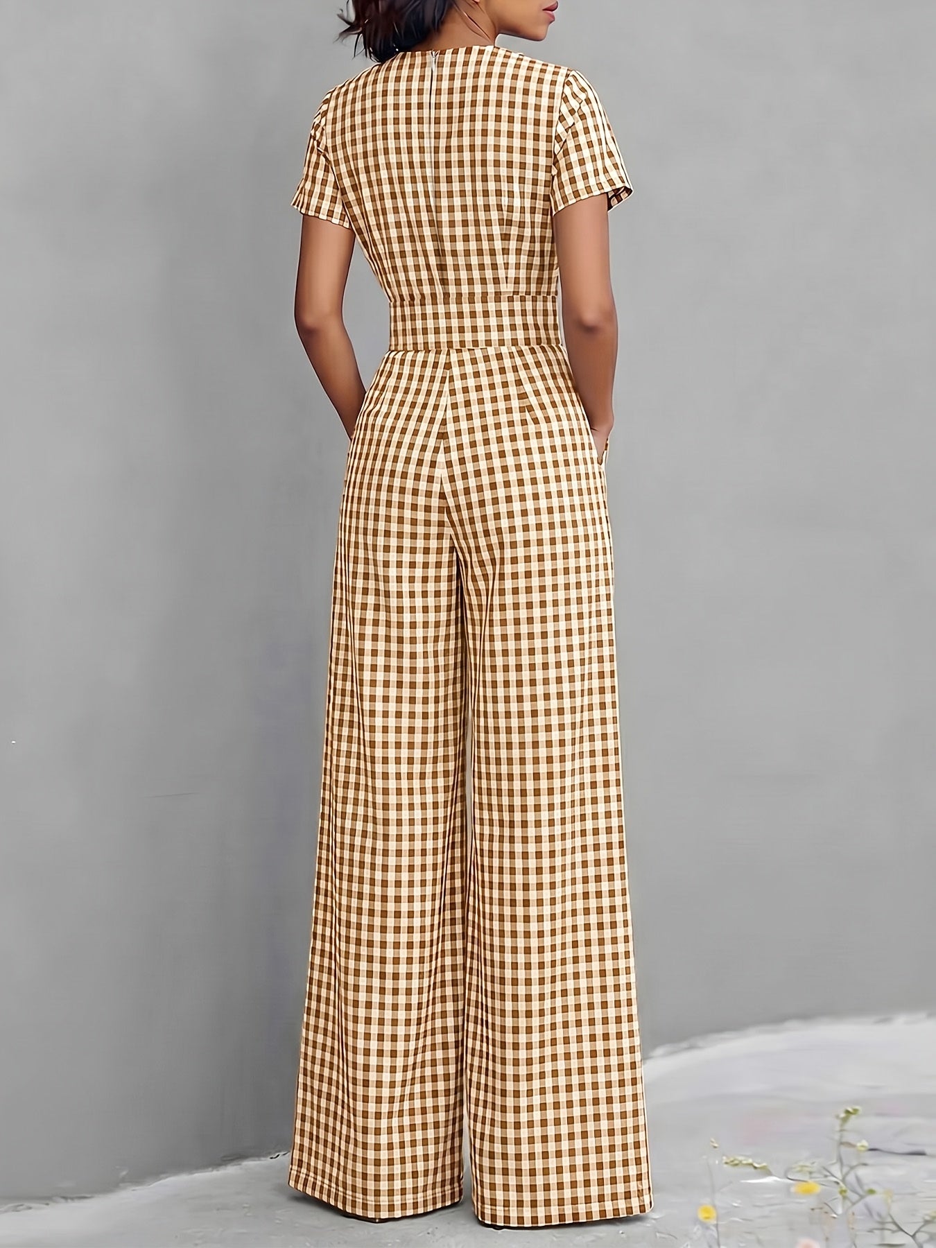 Effortless Gingham Wide Leg Jumpsuit for Women with V Neck Short Sleeve Pleated Pocket Casual Style