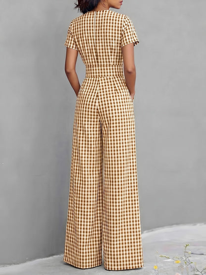 Effortless Gingham Wide Leg Jumpsuit for Women with V Neck Short Sleeve Pleated Pocket Casual Style