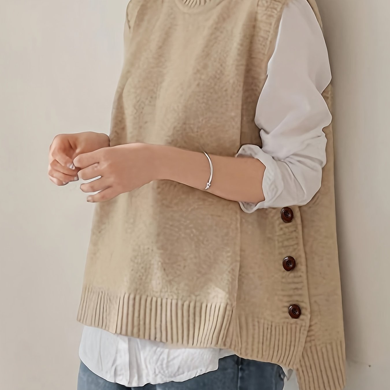 Comfortable Sweater Vest for Women with Mock Neck Sleeveless Side Button Relaxed Oversized Knit Style