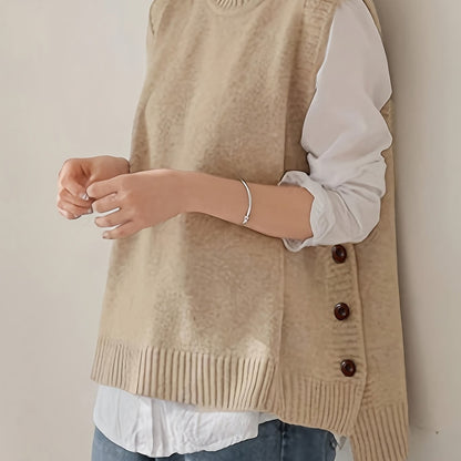 Comfortable Sweater Vest for Women with Mock Neck Sleeveless Side Button Relaxed Oversized Knit Style