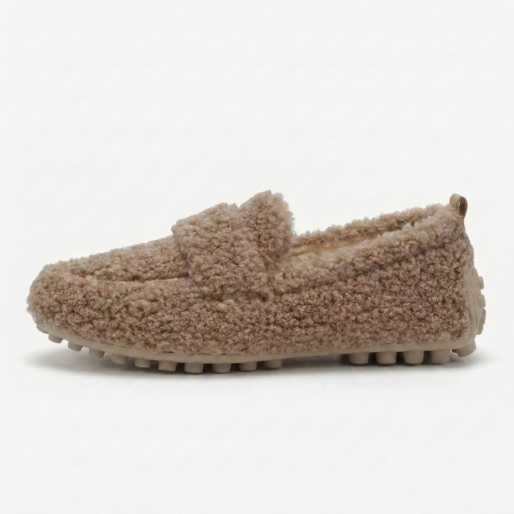 Comfortable House Shoes for Women with Curly Faux Fur Upper Moccasin Slip On Rubber Sole Style