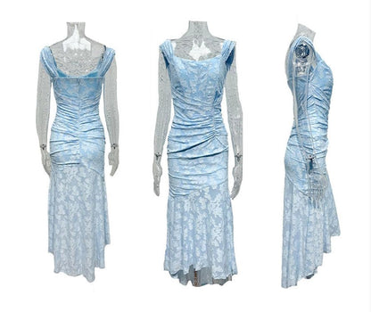 Elegant Lace Corset Mermaid Maxi Dress for Women with Square Neck Sleeveless Ruched High Low Formal Style