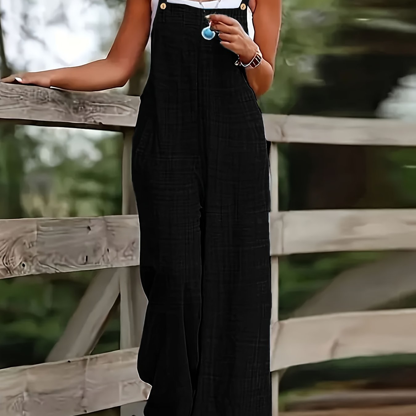 Effortless Linen Wide Leg Jumpsuit for Women with Square Neck Button Strap Relaxed Casual Style