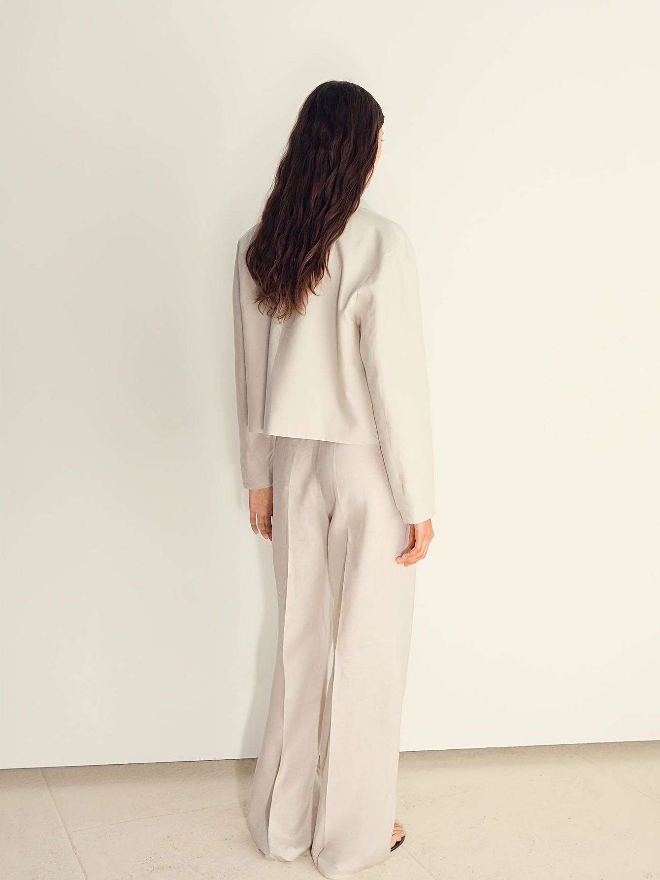 Effortless Apricot Wide Leg Set for Women with Collared Cropped Jacket Button Front Relaxed Style