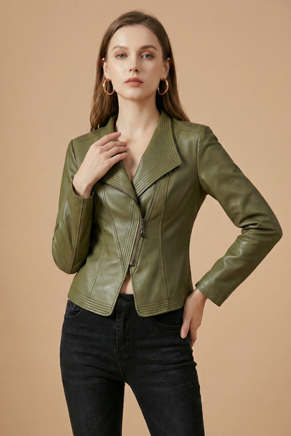 Elegant Leather Moto Jacket for Women with Notch Collar Long Sleeve Asymmetric Zip Style