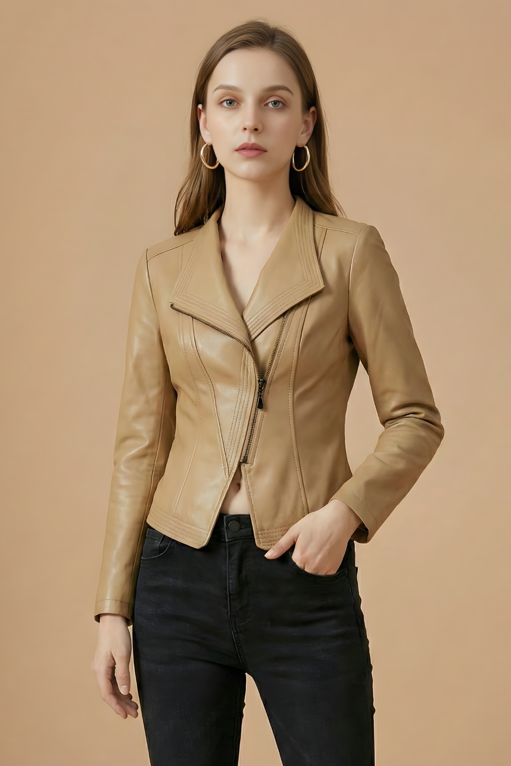 Elegant Leather Moto Jacket for Women with Notch Collar Long Sleeve Asymmetric Zip Style