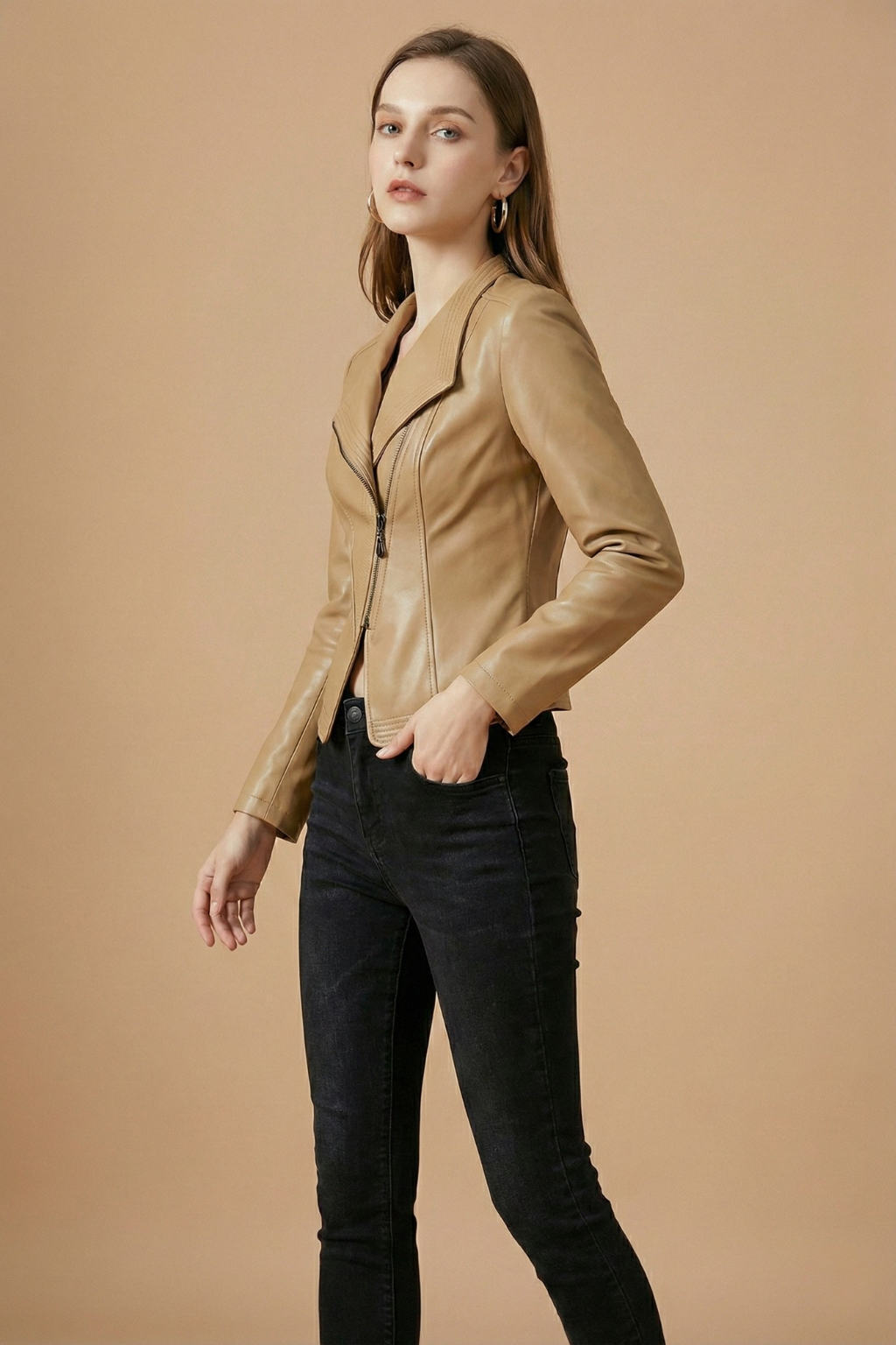 Elegant Leather Moto Jacket for Women with Notch Collar Long Sleeve Asymmetric Zip Style